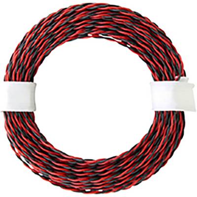 Eine Rolle mit rot-schwarzem, verdrilltem Kabel, gehalten von zwei weißen Kabelbindern. Geeignet für elektrische oder elektronische Anwendungen.