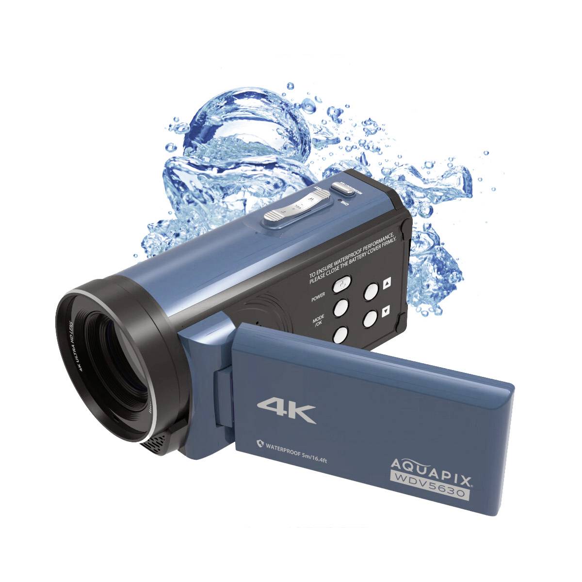 Blaue 4K-Videokamera mit ausgeklapptem Display, darauf steht 'AQUAPIX WDV5630'. Wassertropfen suggerieren Wasserbeständigkeit.