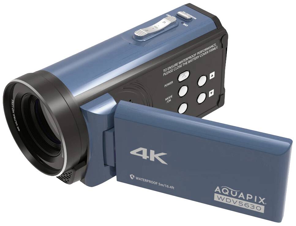 Blaue 4K-Videokamera mit ausklappbarem Display; wasserdicht bis 15,4 Meter. Modell: Aquapix WDV5630.