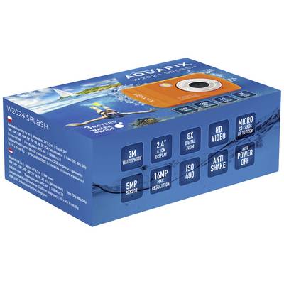 Eine orange Kamera im Karton. Hauptmerkmale: wasserdicht bis 3 m, 2,4-Zoll-Display, 16 MP, 8-facher Digitalzoom, HD-Video, ISO 400.