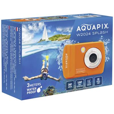 Eine orange Unterwasserkamera mit 16 MP Auflösung, 5 MP Sensor, 2,4 Zoll Display und 8-fach Digitalzoom. Wasserdicht bis 3 Meter.