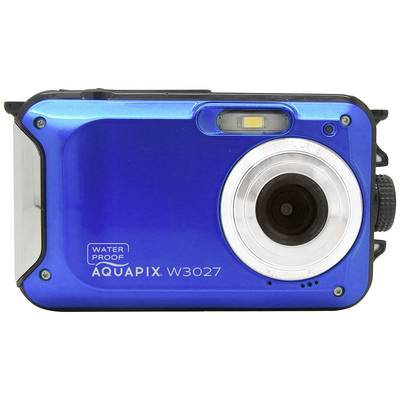 Blaue Digitalkamera 'AQUAPIX W3027', wasserfest, mit Objektiv auf der rechten Seite und Blitz oben links.