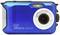 Blaue Digitalkamera 'AQUAPIX W3027', wasserfest, mit Objektiv auf der rechten Seite und Blitz oben links.