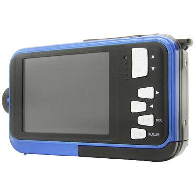 Eine blaue Digitalkamera mit einem großen Bildschirm und mehreren Steuertasten auf der rechten Seite.
