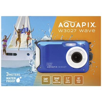 Die Verpackung zeigt eine wasserdichte Kamera namens 'Aquapix W3027 Wave'. Links springen Personen vom Boot ins Wasser.