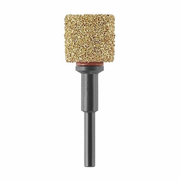 Ein zylindrischer Goldfräseraufsatz auf einem schwarzen Schaft, verwendet zum Schleifen oder Formen von Materialien in Handwerk oder Industrie.