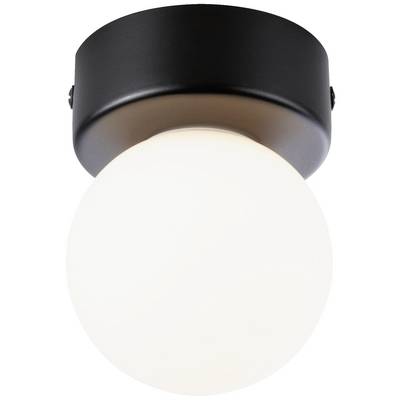 Schwarze Deckenleuchte mit kugelförmigem, weißem Glasdiffusor. Minimalistisches Design, geeignet für moderne Wohnräume.
