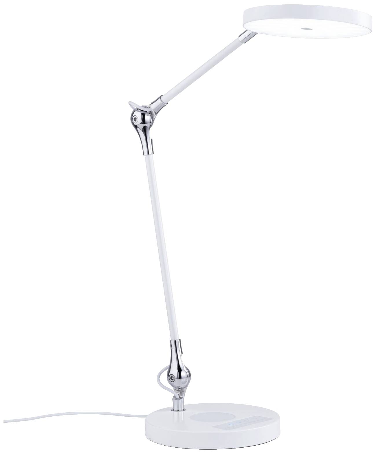 Schreibtischlampe mit verstellbarem Arm und rundem Lampenschirm aus Metall, modernem Design, stehend auf einer runden Basis.