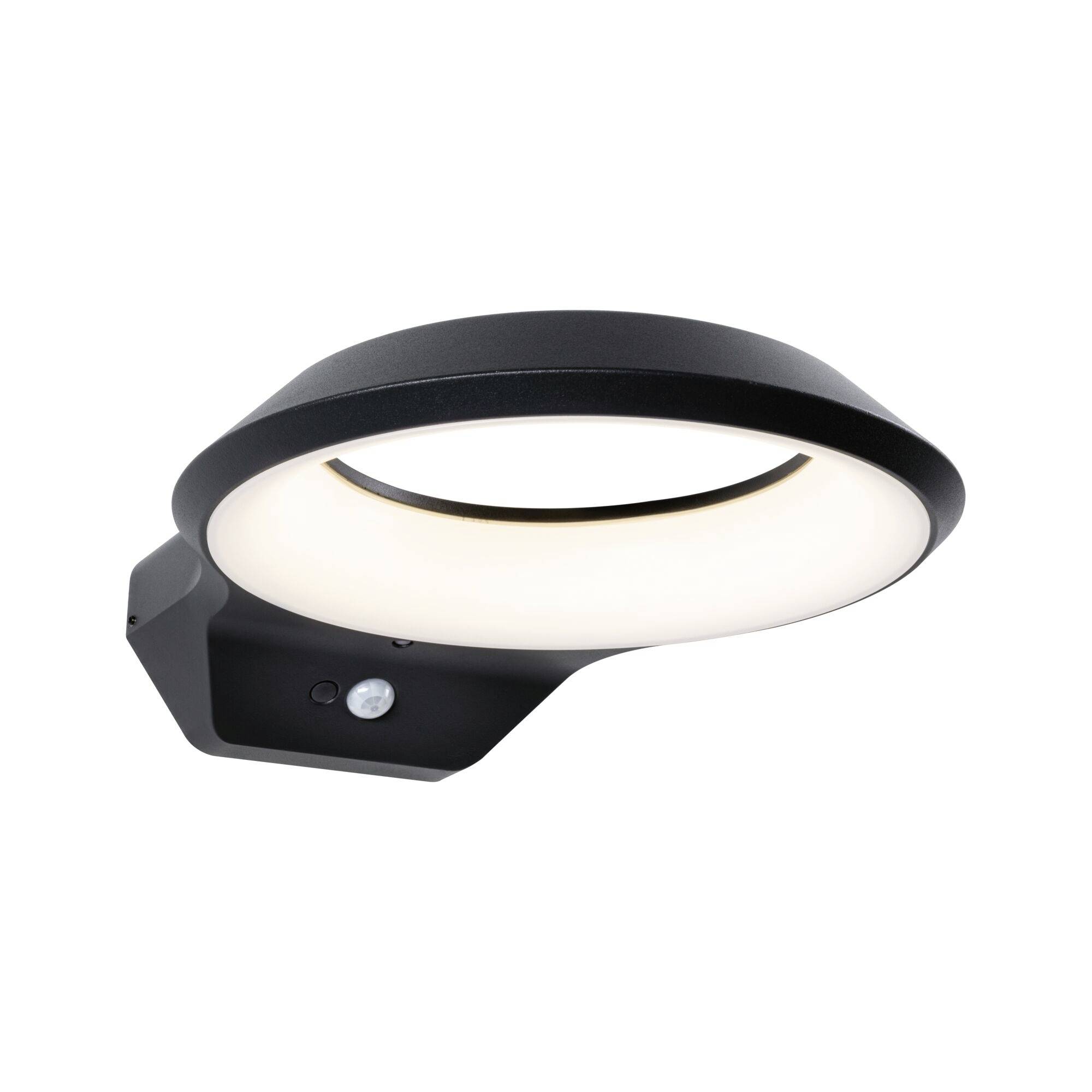 Schwarze runde LED-Wandleuchte mit Bewegungssensor und klarem, modernem Design. Ideal für den Außenbereich zur Beleuchtung.
