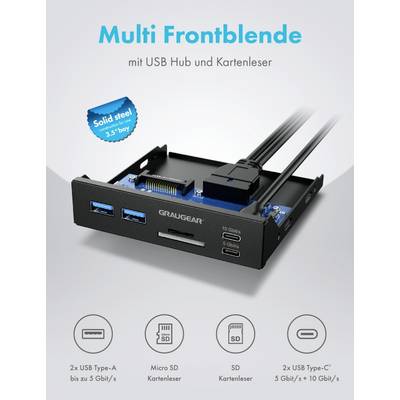 Ein USB-Hub- und Kartenleser-Frontpanel, kompatibel mit 3,5'' Laufwerksschächten. Enthält zwei USB Type-A und zwei USB Type-C Anschlüsse.