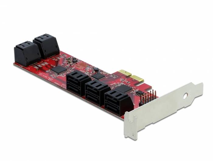 PCIe-Erweiterungskarte mit acht SATA-Anschlüssen, vier oben und vier seitlich. Sie ist für den Anschluss von Festplatten in Computern gedacht.
