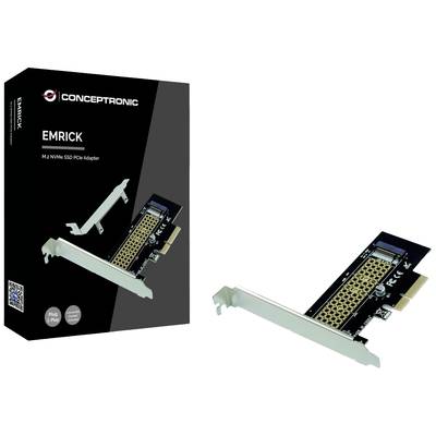 PCIe-Adapterkarte für M.2 NVMe SSDs von Conceptronic mit Aluminiumhalterung, abgebildet auf der Verpackung und separat daneben.
