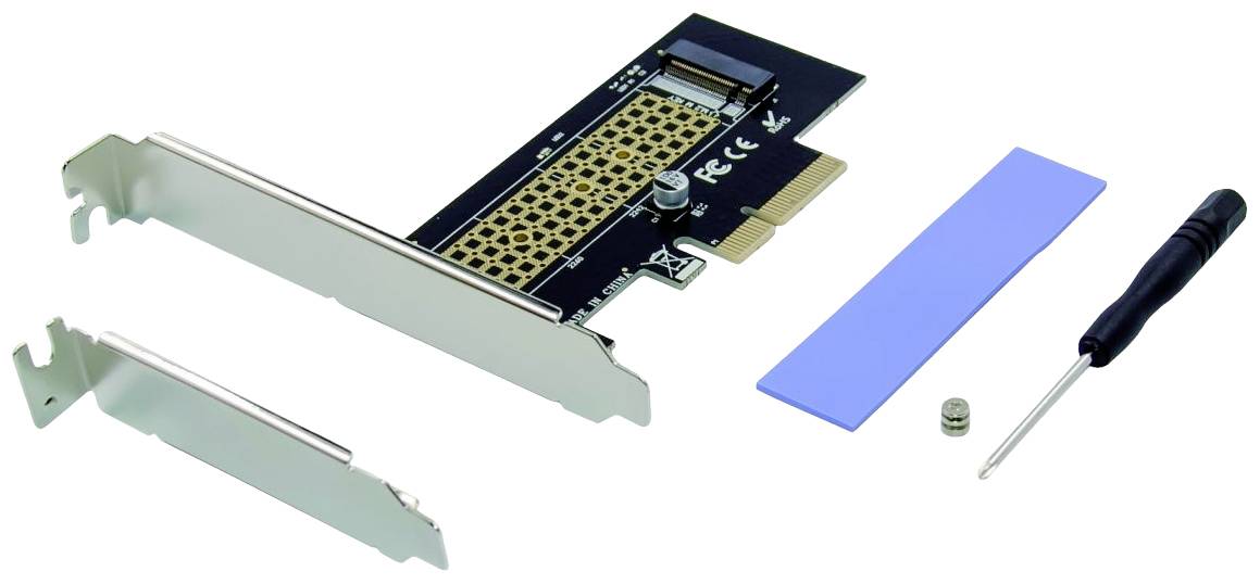 PCIe-Adapterkarte mit Zubehör: zwei Halterungen, blauer Wärmeleitpad, Schraube und Schraubendreher. Geeignet für NVMe SSDs.