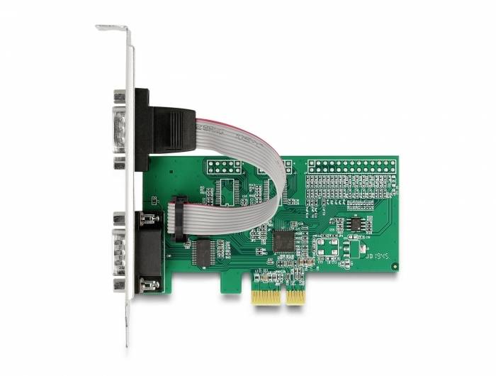 Eine grüne PCIe-Karte mit zwei VGA-Anschlüssen, verbunden durch flache Kabel. Verwendet für zusätzliche Bildschirmanschlüsse in Computern.