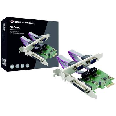Produktbild einer 'Conceptronic SPC01G' PCI-Express-Karte mit Anschlüssen für 3 parallele und 2 serielle Schnittstellen. Verpackung im Hintergrund.