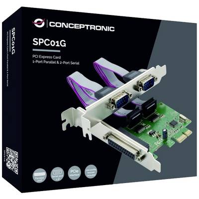 Verpackung einer Conceptronic SPC01G PCI Express Karte mit parallelem und 2-port seriellem Anschluss. Zeigt die Karte und Kabel.