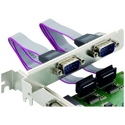 Eine Computererweiterungskarte mit zwei seriellen COM-Anschlüssen und zwei USB-Anschlüssen, verbunden über Flachbandkabel.