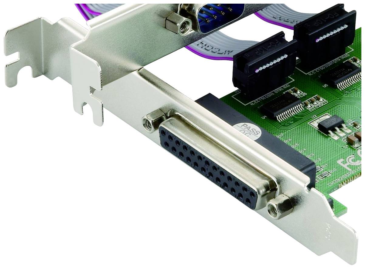 Eine PCI-Karte mit Parallelport-Anschlüssen. Die Karte hat mehrere SATA-Anschlüsse und elektronische Bauteile auf einer grünen Platine.