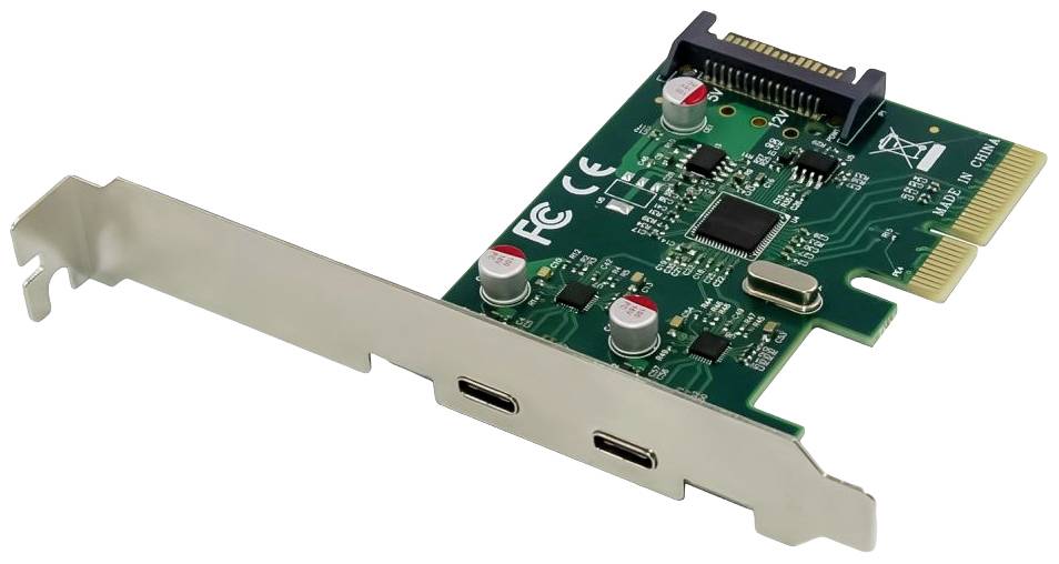 Grafikkarte mit PCIe-Anschluss, zwei USB-C-Ports und Schaltkreisen auf einer grünen Platine; dient zum Verbinden von Geräten.