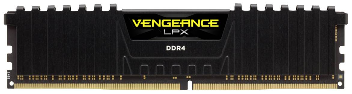 Schwarzer DDR4-RAM-Riegel mit 'Vengeance LPX' in gelber Schrift auf dem Kühler; für Computerleistung und Speicherkapazität.