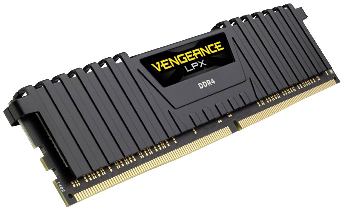 Ein schwarzer Vengeance LPX DDR4 RAM-Riegel mit goldenen Kontakten, seitlich betrachtet.