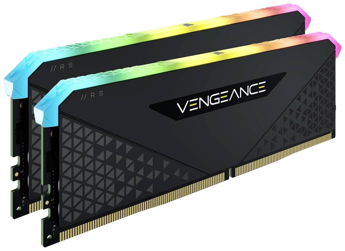 Zwei Corsair Vengeance RGB RAM-Module mit farbiger LED-Beleuchtung; geeignet für Computer, die hohe Leistung und visuelle Akzente erfordern.
