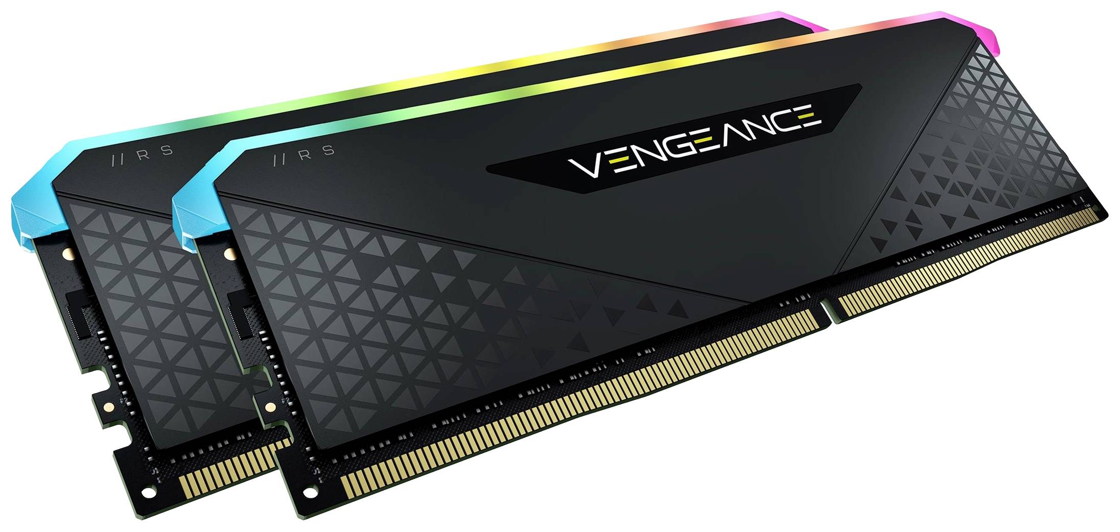 Zwei Vengeance-RAM-Module mit RGB-Beleuchtung in Schwarz mit geometrischem Muster. Sie sind für den Einbau in Computer geeignet.