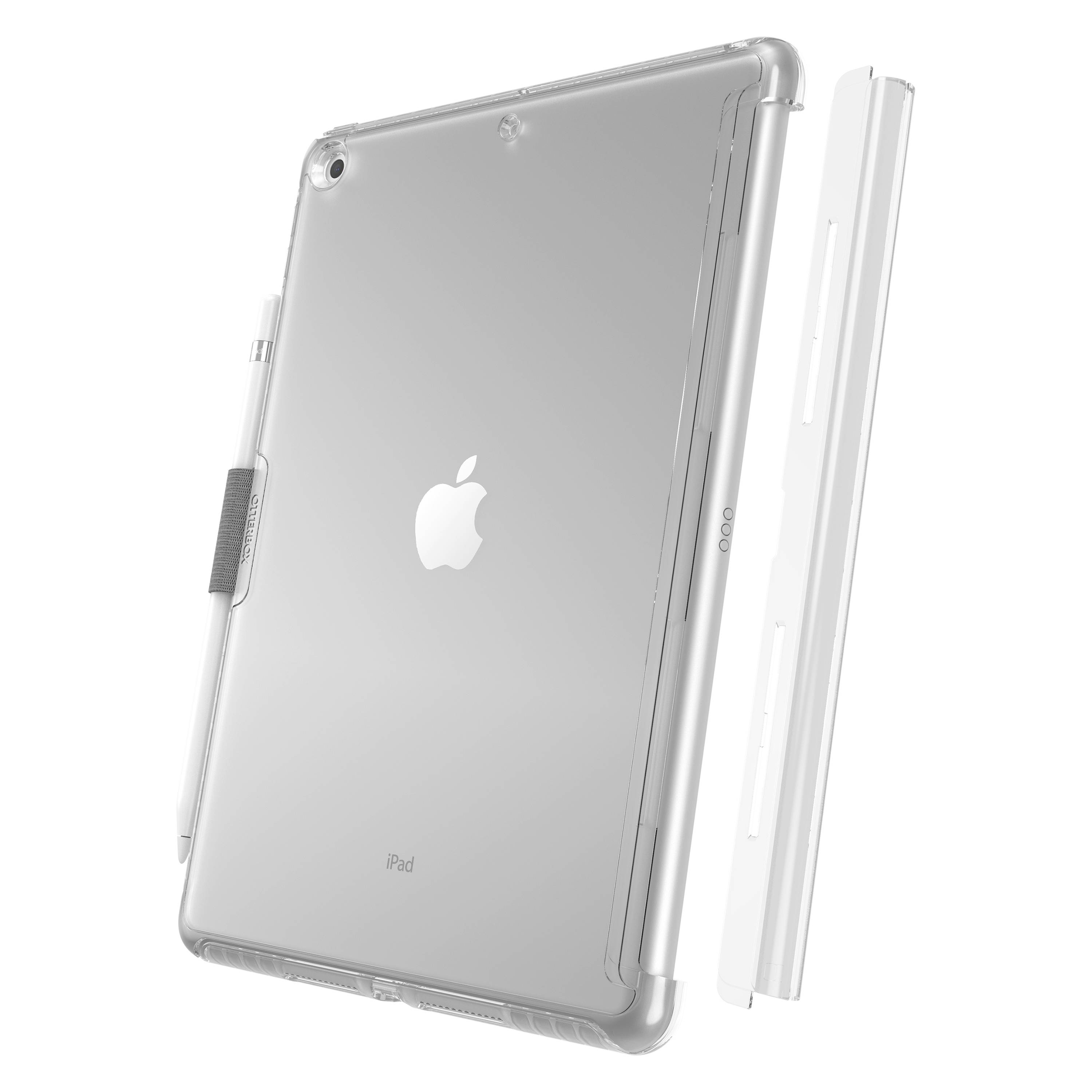 Ein transparentes iPad-Case mit einem Halter für den Apple Pencil. Das Gehäuse zeigt das Apple-Logo auf der Rückseite des iPads.