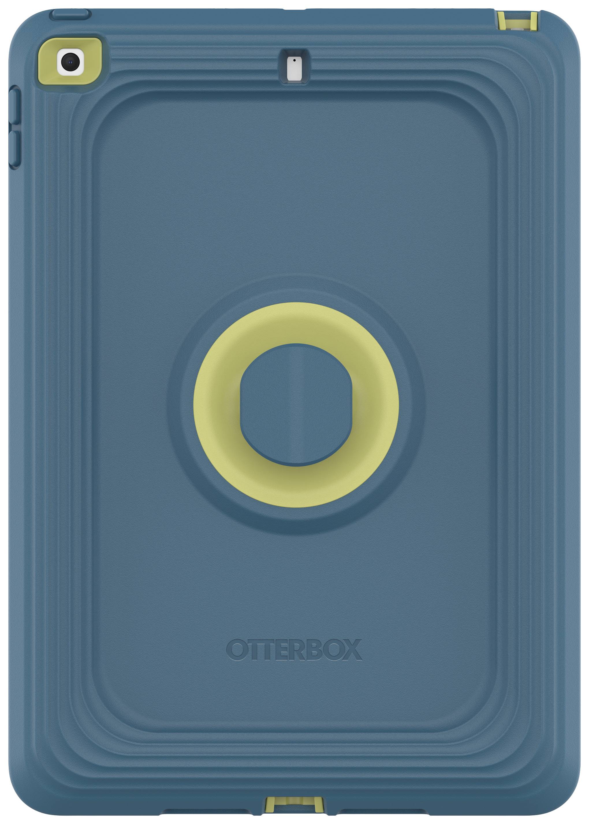 Blaues Otterbox iPad-Case mit gelbem Kreis in der Mitte, robuster Schutz.