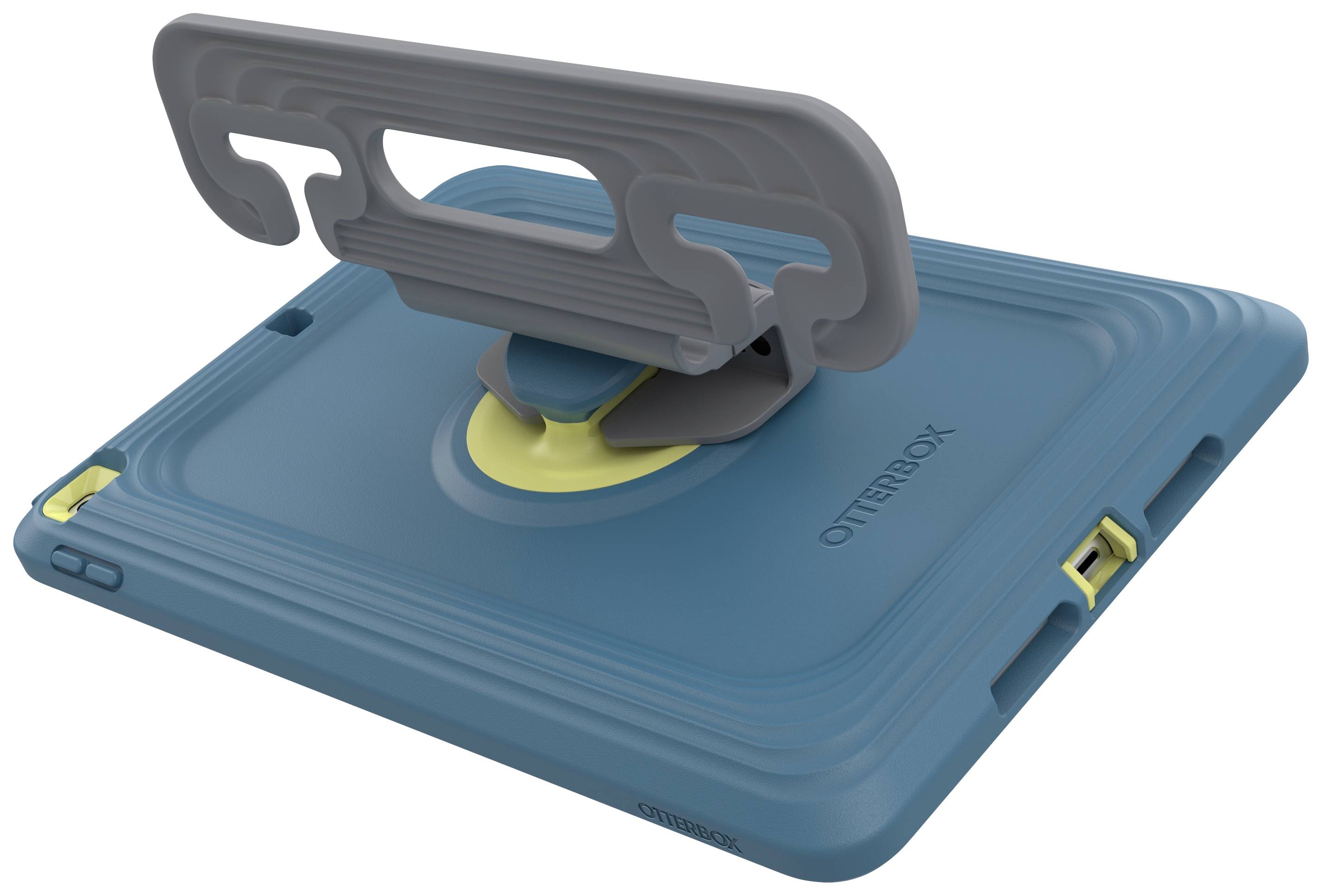 Ein blaues Tablet-Gehäuse mit einem grauen, klappbaren Ständer auf der Rückseite, das robuste Schutz bietet.