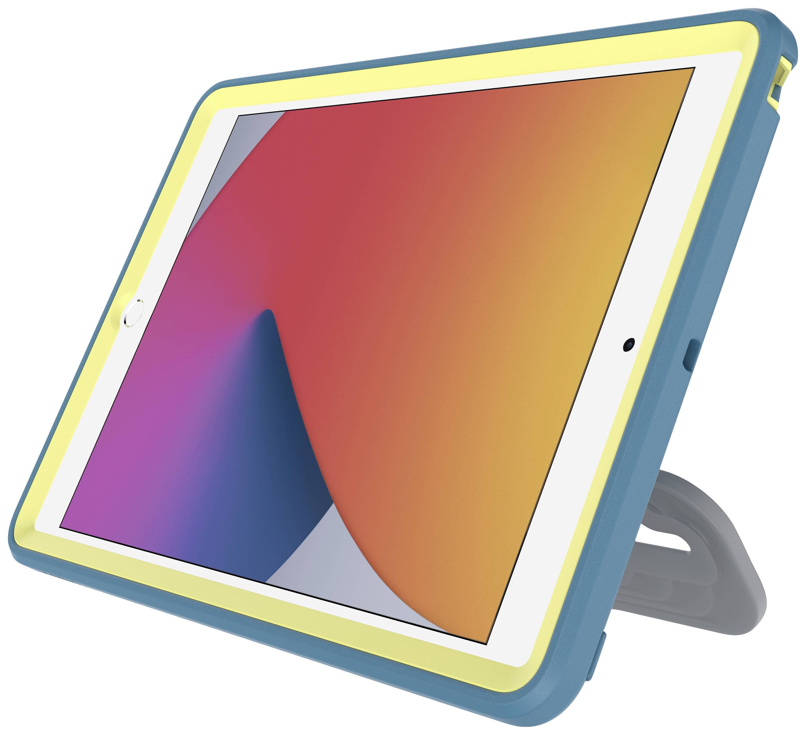 Tablet mit buntem Bildschirm in Schutzhülle und integriertem Ständer, aufrecht positioniert.