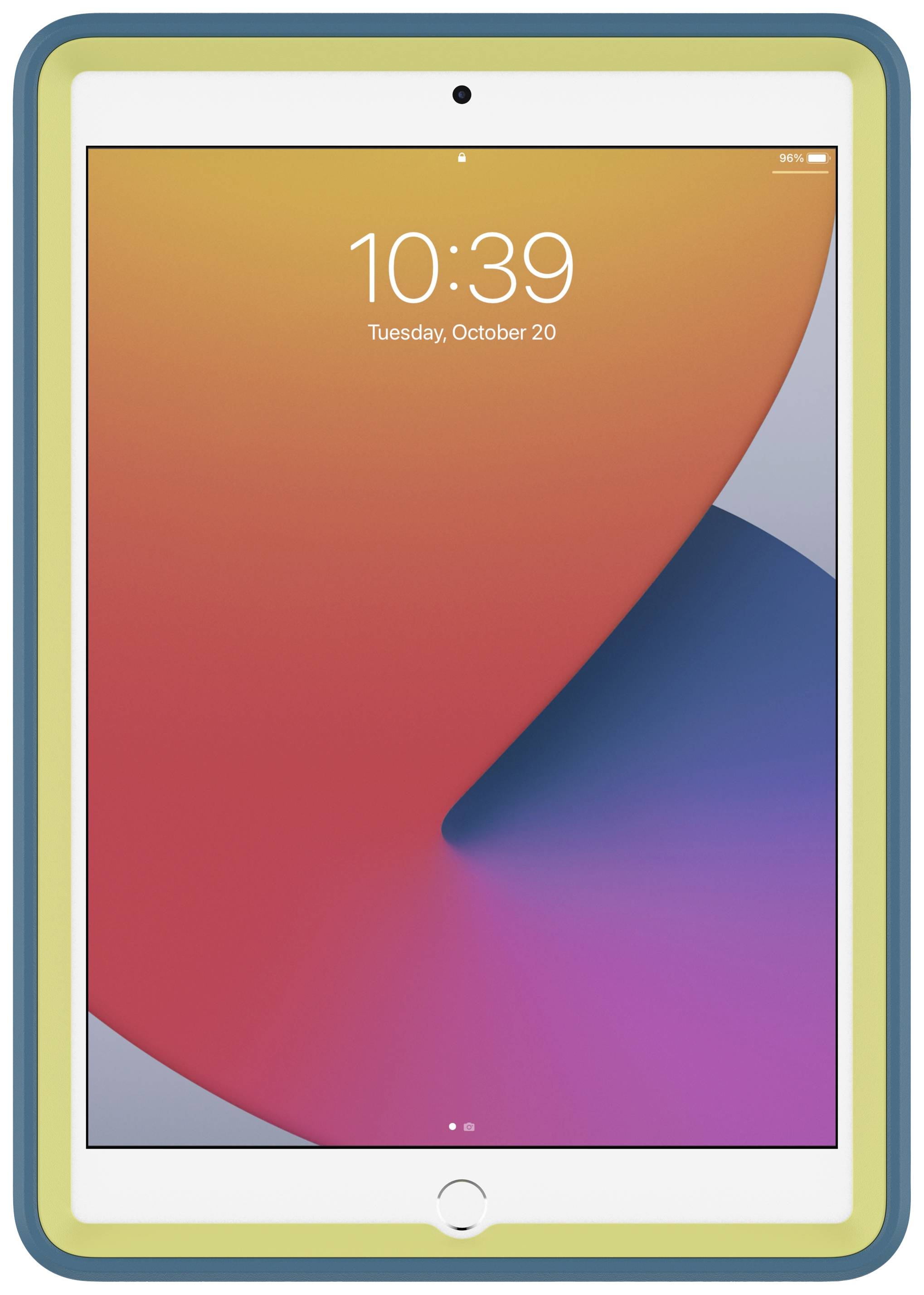 Ein Tablet mit buntem Hintergrund zeigt die Uhrzeit 10:39 und das Datum Dienstag, 20. Oktober an.