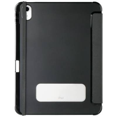 Ein schwarzes Tablet mit elastischem Halteband und Kameraaussparung auf der Rückseite. Niedriges Profil, schlichtes Design.