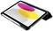 Tablet auf Stand mit hellem Bildschirm, zeigt bunte, überlappende Kreise in Pink, Gelb und Blau vor grauem Hintergrund.