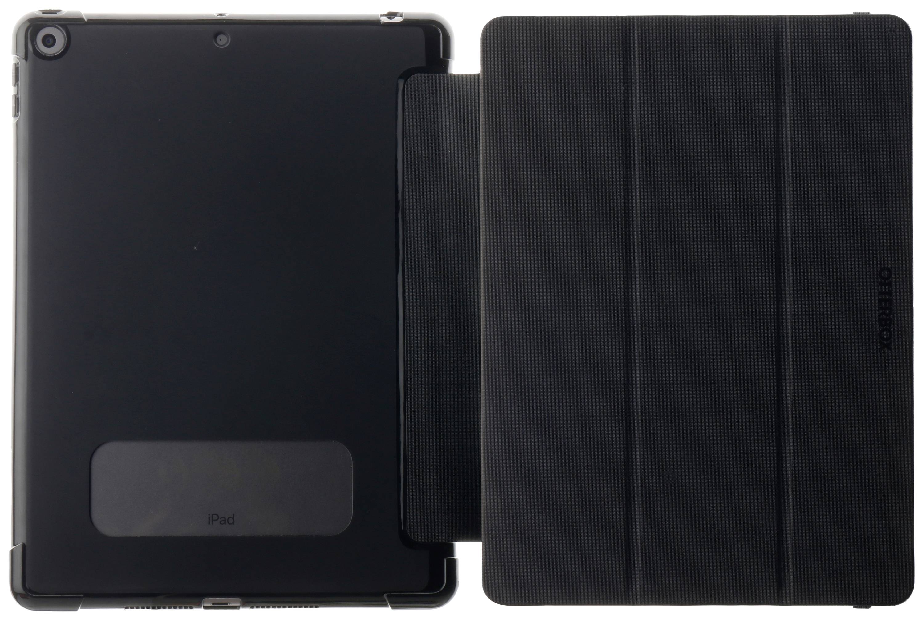 Schwarzes iPad in einer OtterBox-Hülle, Vorder- und Rückseite sichtbar. Das Gerät ist geschlossen, zeigt keine Bildschirmanzeige.