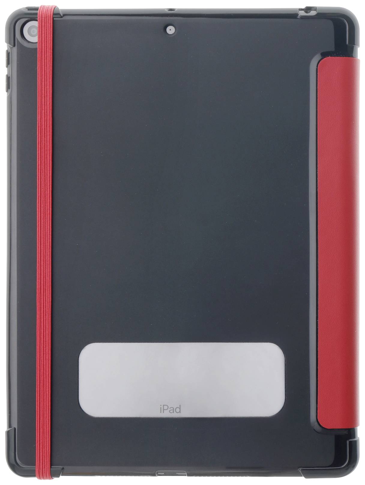 Ein Tablet mit schwarzem Gehäuse und roter Schutzhülle; die Hülle ist teilweise geschlossen.