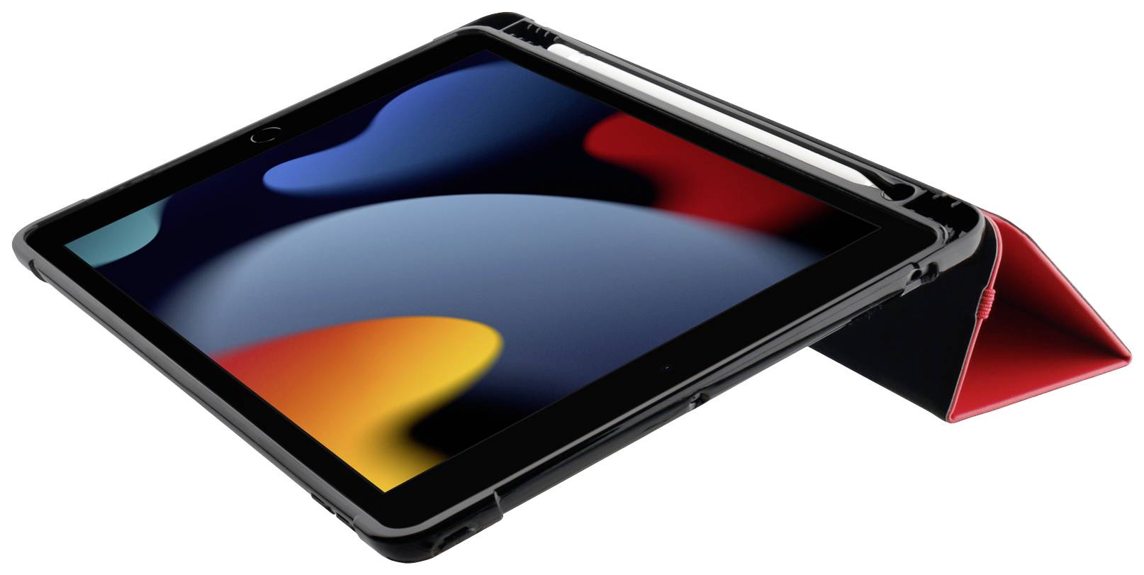 Ein Tablet mit farbigem Display, positioniert in einem schwarzen Ständer, von der Seite betrachtet.