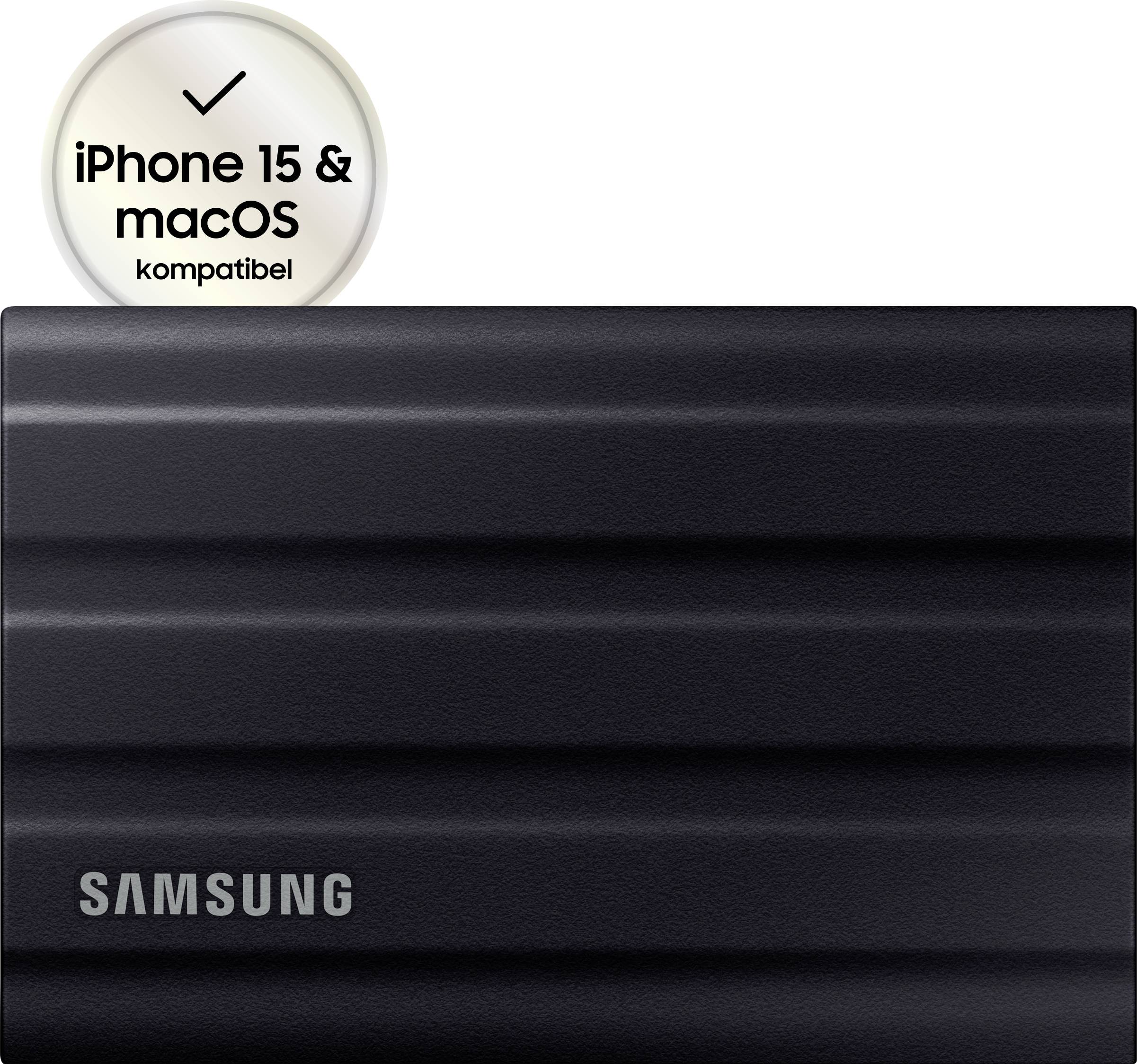 Externe schwarze Samsung SSD, oben mit Hinweis 'iPhone 15 & macOS kompatibel'.