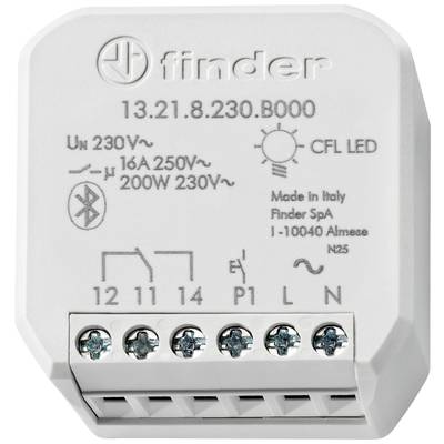 Ein elektrisches Relaismodul mit Beschriftungen für Spannung, Stromstärke und Anschlussklemmen. Hergestellt in Italien von Finder.