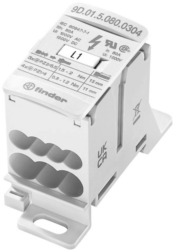 Finder 9D.01.5.080.0304 Verteiler   Weiß 7polig 6 mm² 80 A  1000 V/AC, 1500 V/DC Leiter-Typ = L, N, PE