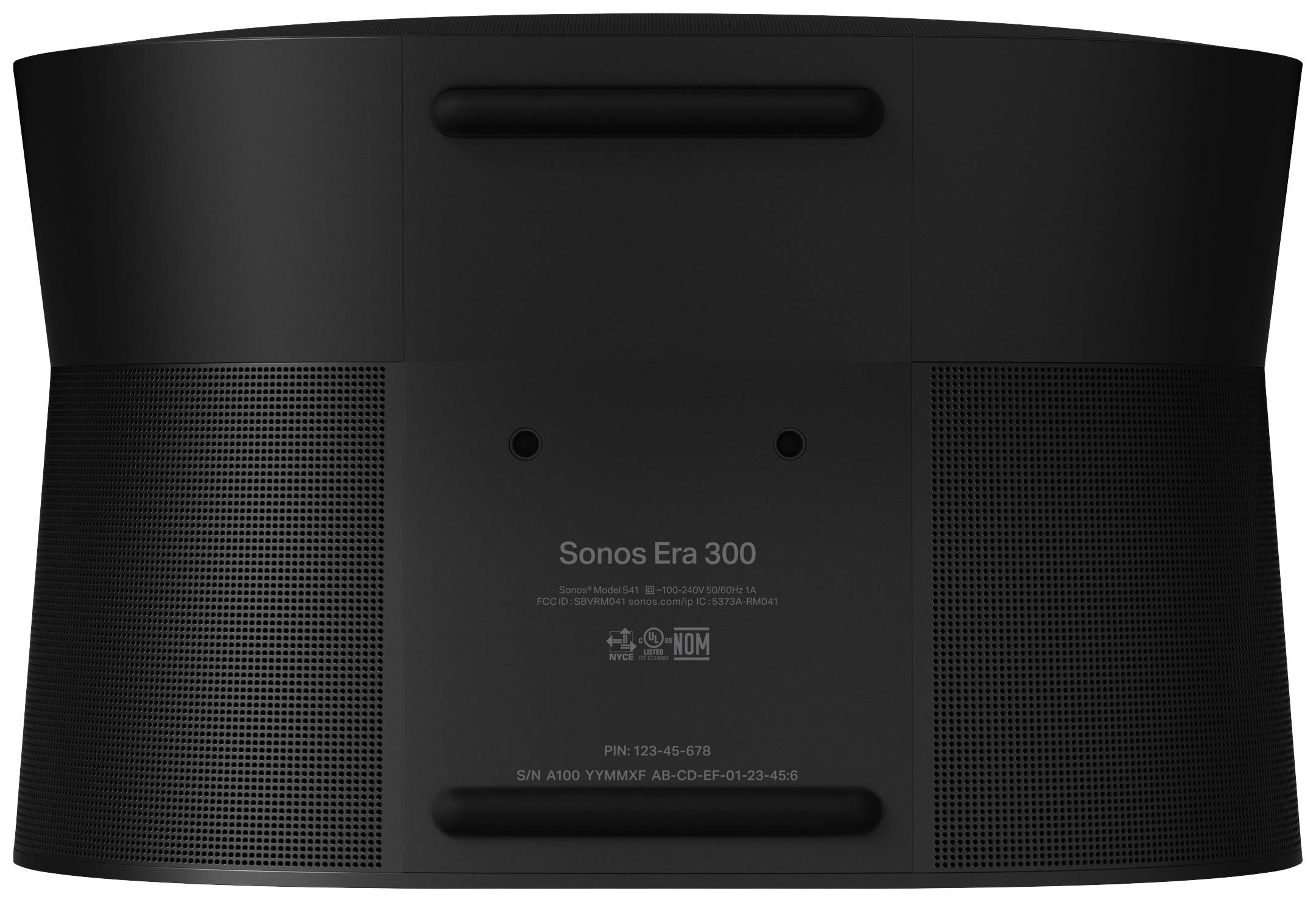Rückansicht eines schwarzen Sonos Era 300 Lautsprechers mit Anschlüssen und Produktinformationen auf der Rückseite.