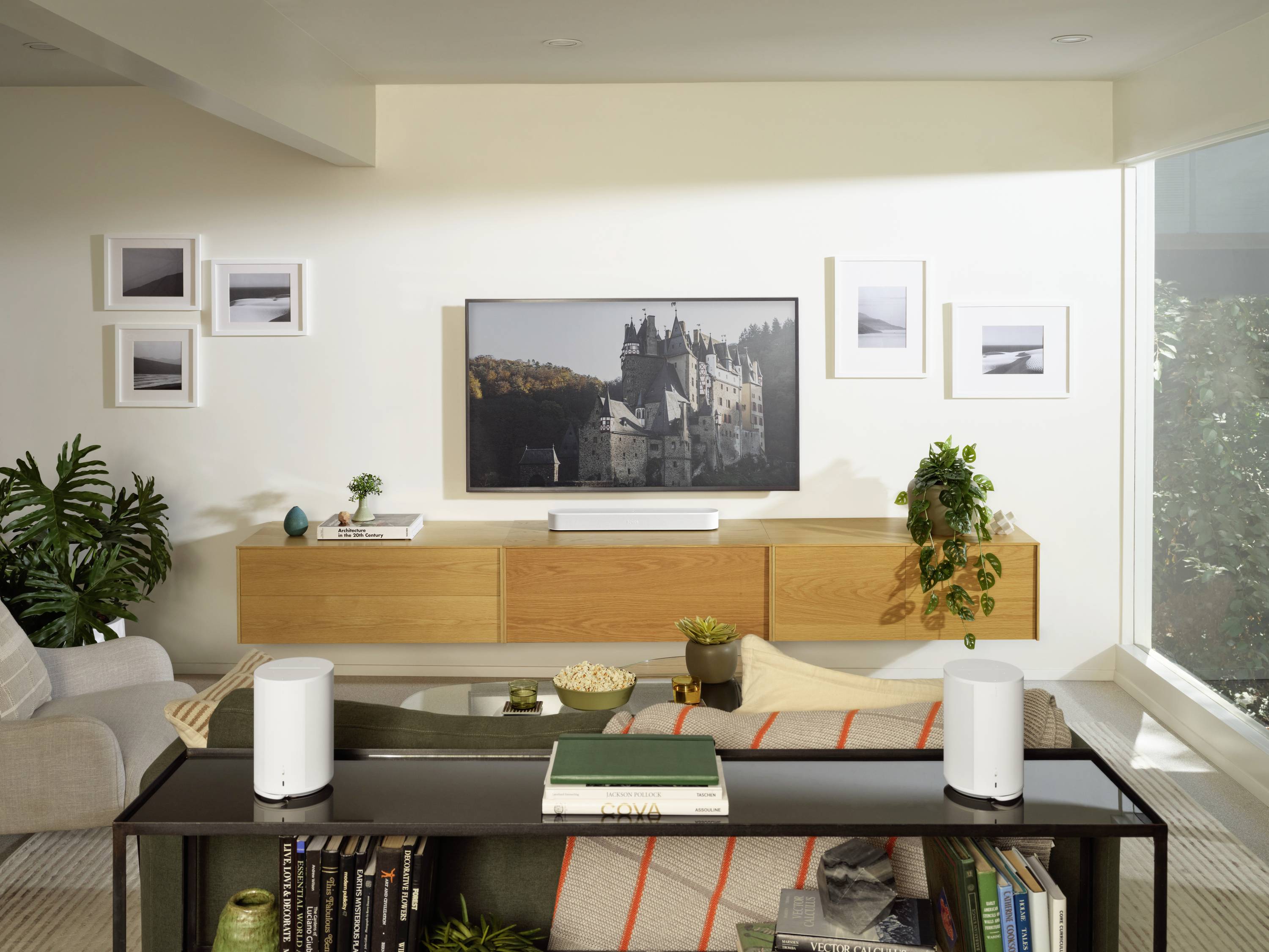 Modernes Wohnzimmer mit stilvoller Einrichtung. An der Wand hängt ein großer Fernseher, darunter ein Holztisch mit Pflanzen und Bilderrahmen.