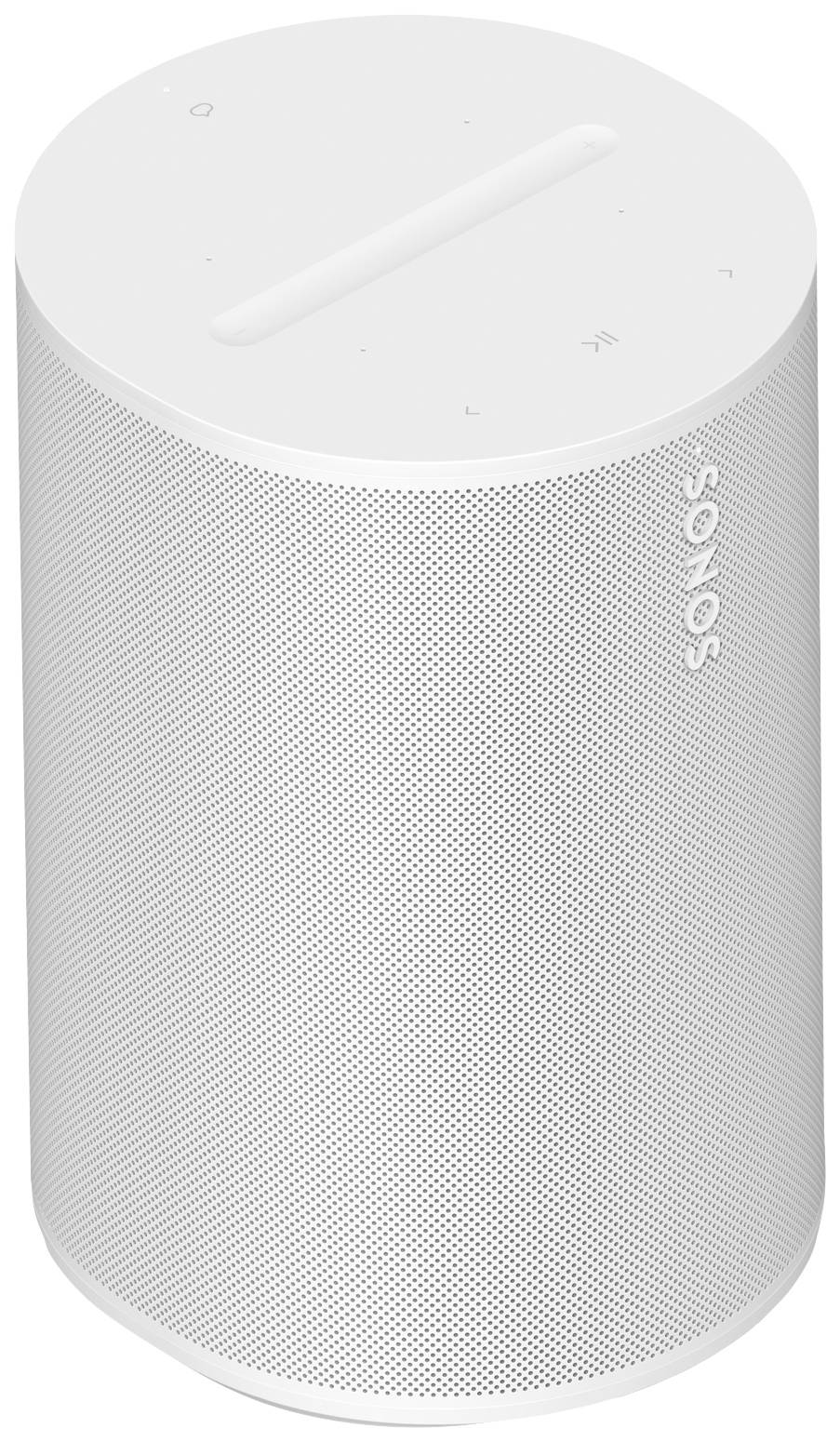 Weißer zylindrischer Lautsprecher mit Sonos-Logo. Oben befinden sich Touch-Bedienelemente. Der Lautsprecher hat ein modernes Design.