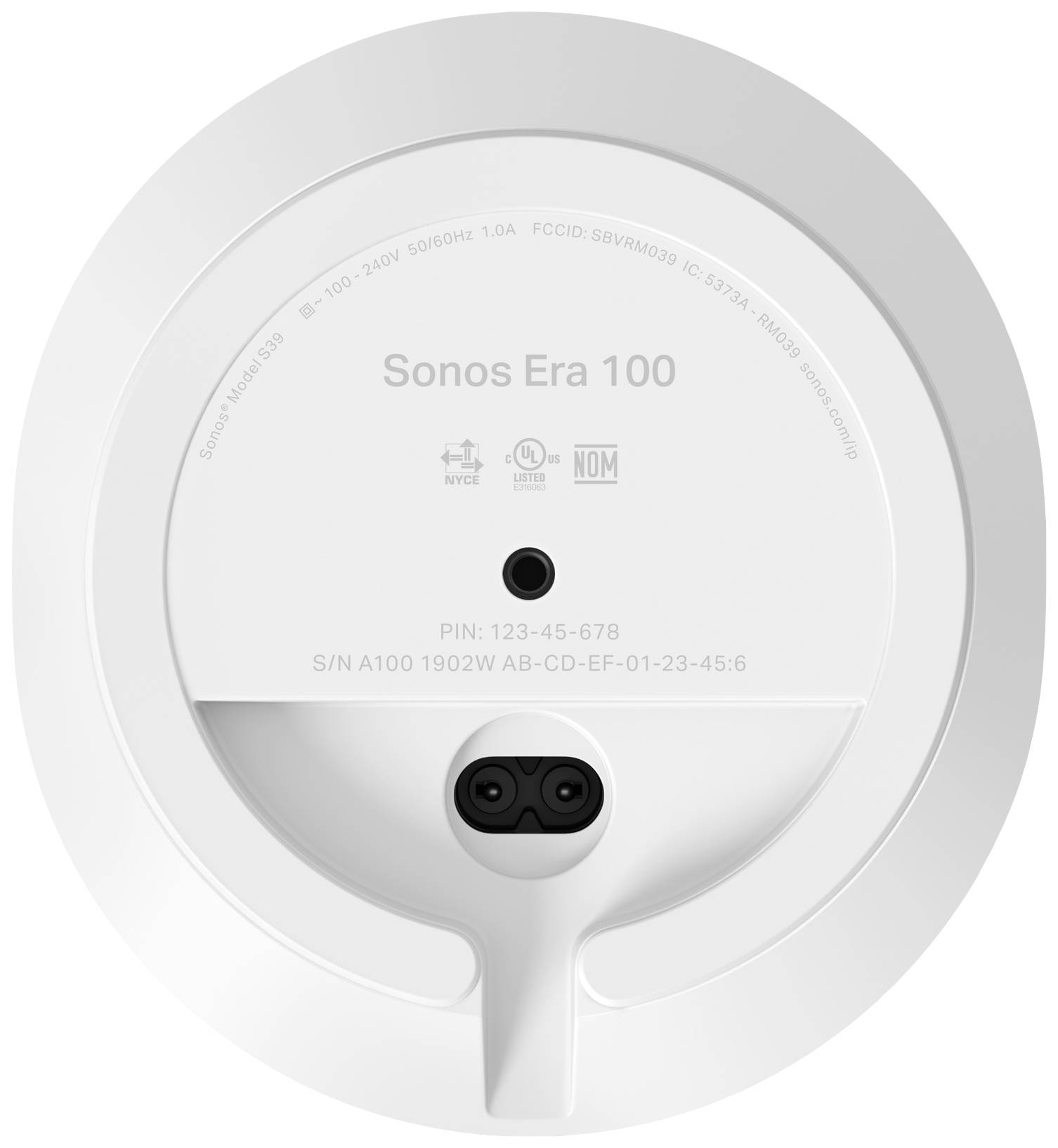 Rückseite eines Sonos Era 100 Lautsprechers, zeigt Anschlussbuchse und Seriennummer.