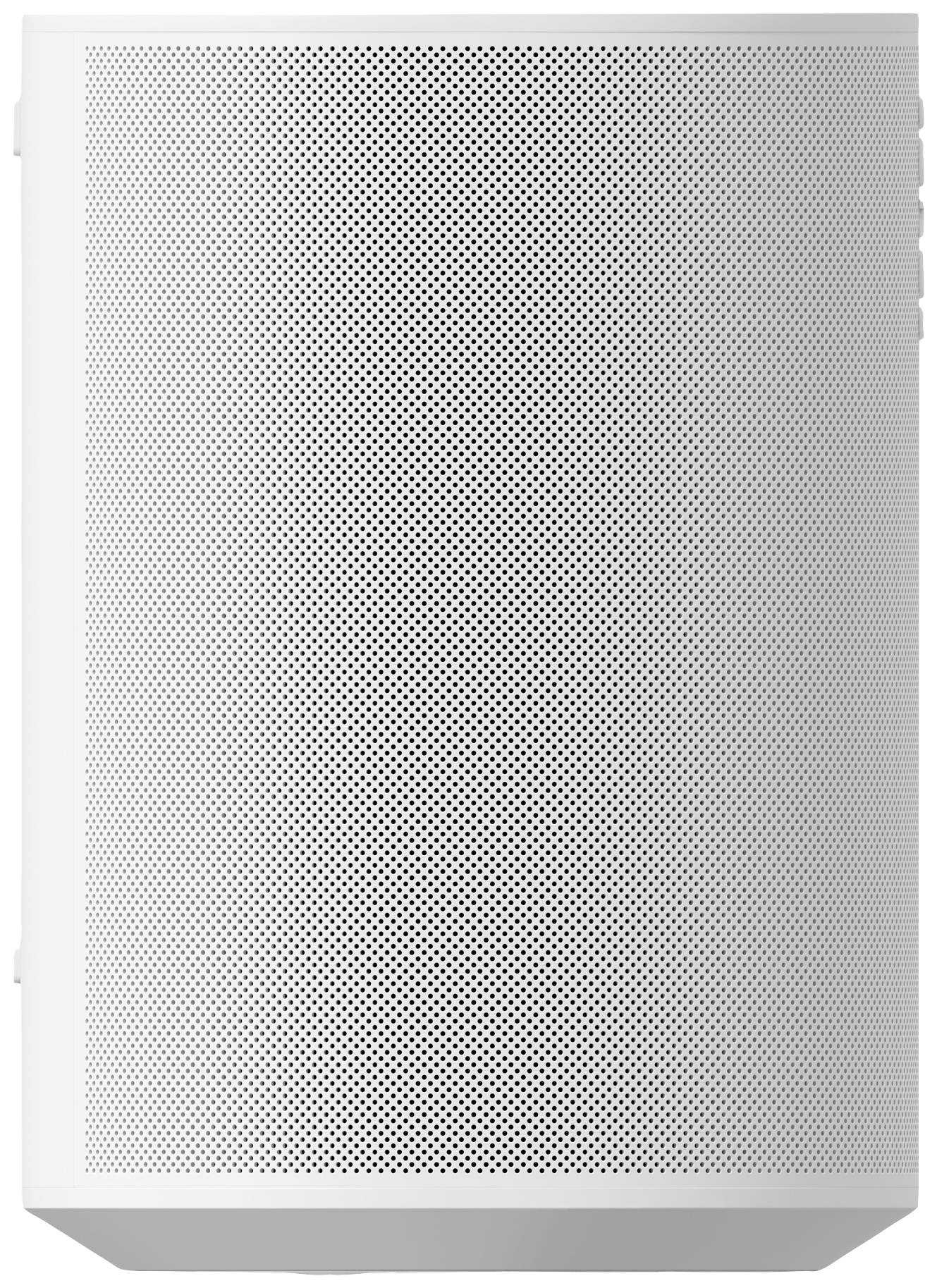 Weißer, rechteckiger Lautsprecher mit perforierter Frontabdeckung. Modernes, minimalistisches Design.