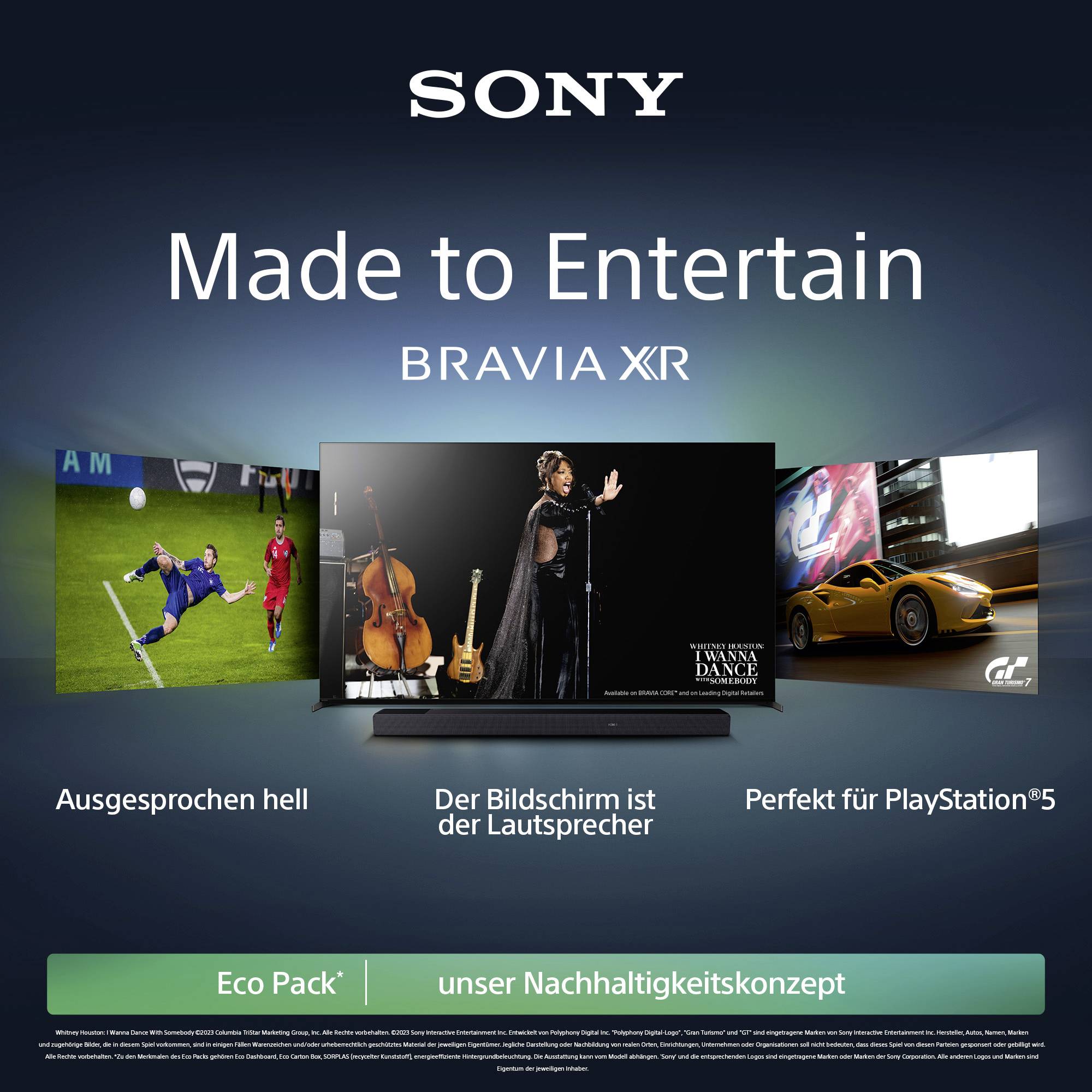 Bild zeigt Sony BRAVIA XR Fernseher. In der Mitte ein großer Bildschirm, flankiert von hellen Szenen und dem Text 'Made to Entertain'.