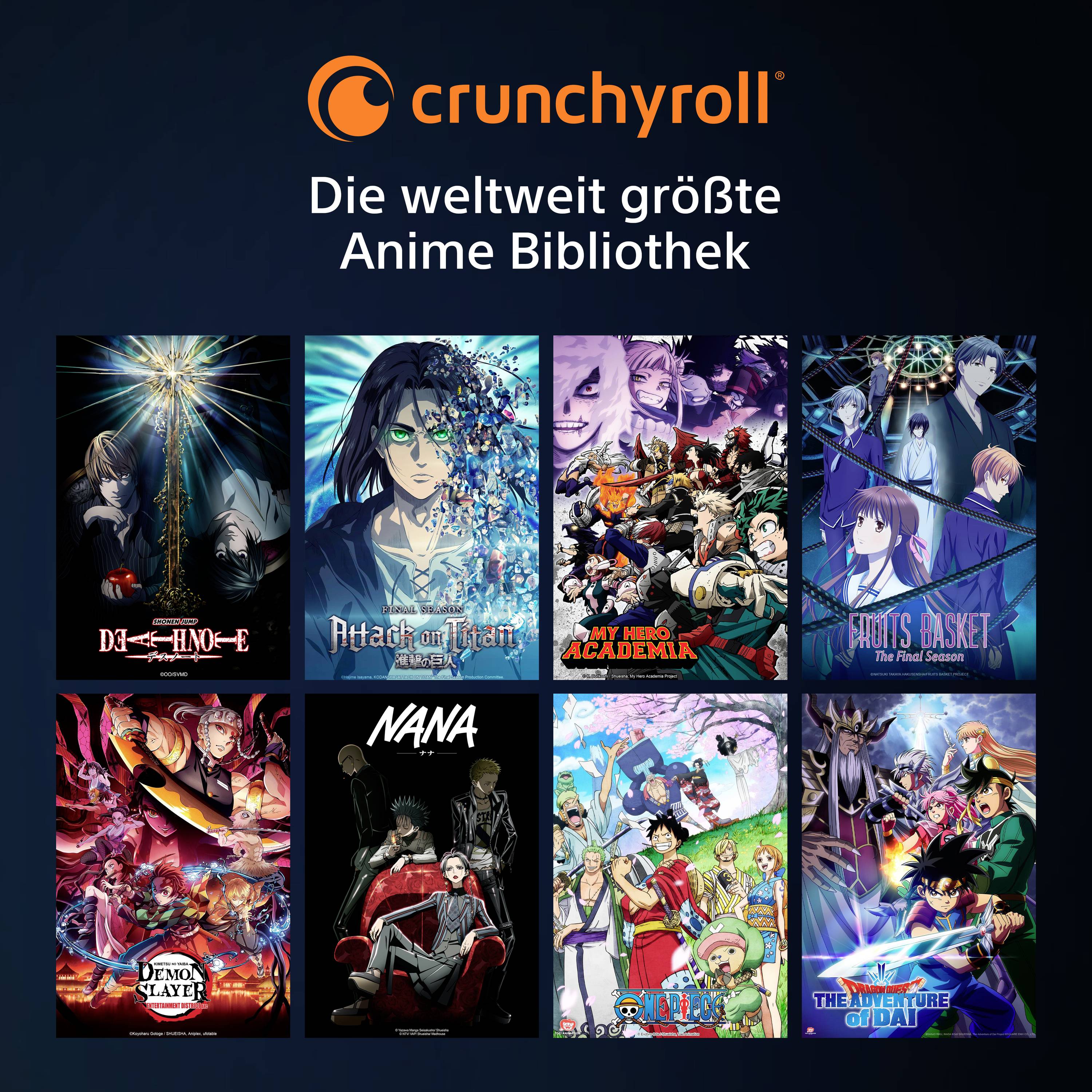 'Crunchyroll: Die weltweit größte Anime-Bibliothek.' Bild von Anime-Postern darunter: Death Note, Attack on Titan, My Hero Academia und mehr.