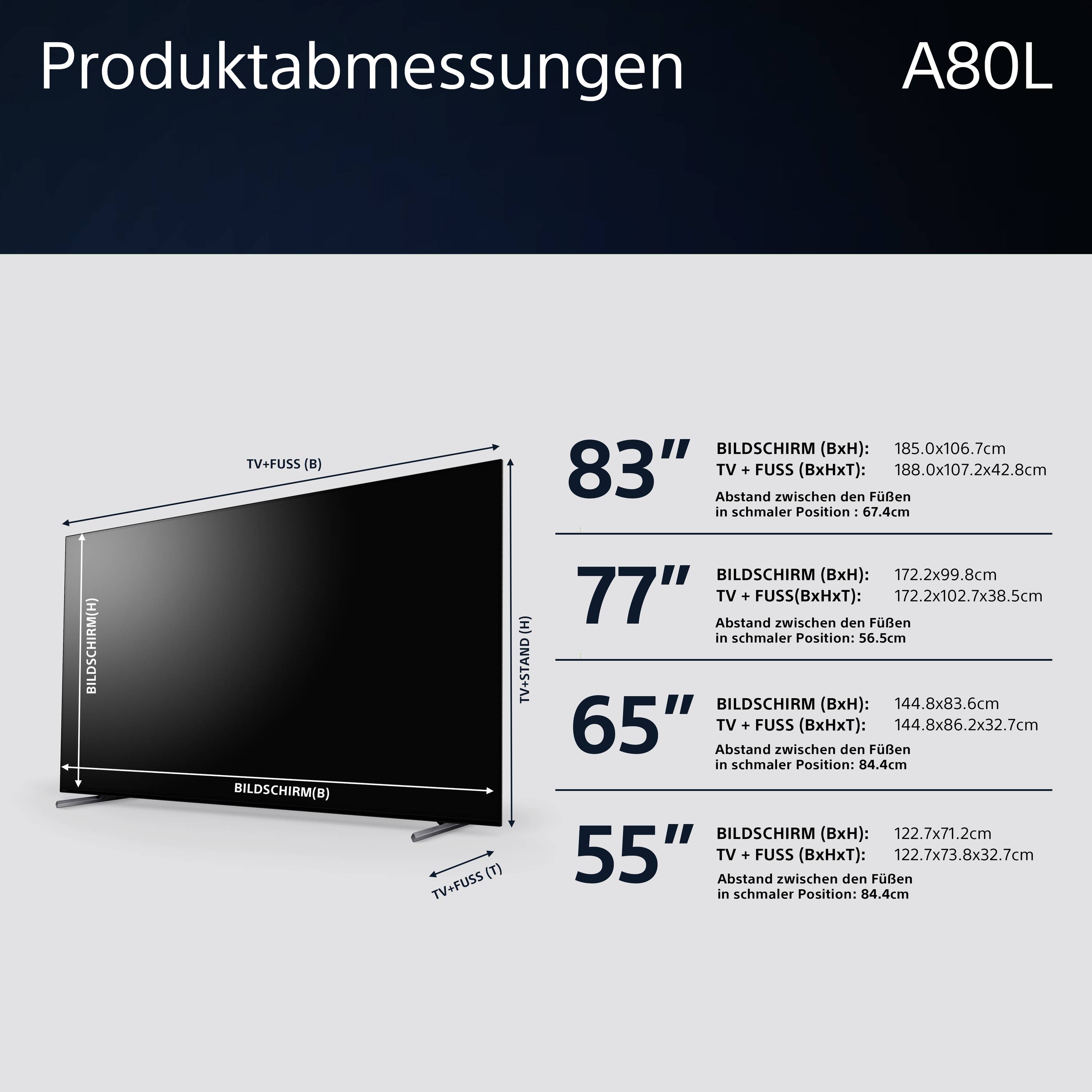 'Produktabmessungen A80L' zeigt TV-Größe in Zoll: 83, 77, 65, 55. Enthält Maße für Bildschirm und TV + Fuß. Ideal zur Raumplanung.