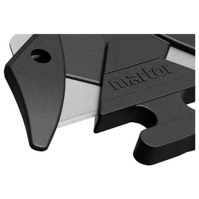 Schwarzes Mehrzweck-Schneidewerkzeug mit ergonomischem Griff und Markenlogo auf der Klinge. Ideal für präzises Schneiden.