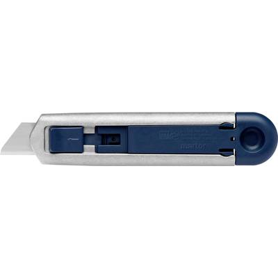 Ein silbernes Cuttermesser mit blauer Griffabdeckung, Klinge teilweise eingefahren; Markenname sichtbar auf Griff.